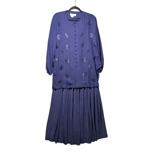 Vintage 90s Meredith Navy 100% Silk Beaded Tunic and Pleated Maxi Skirt Set